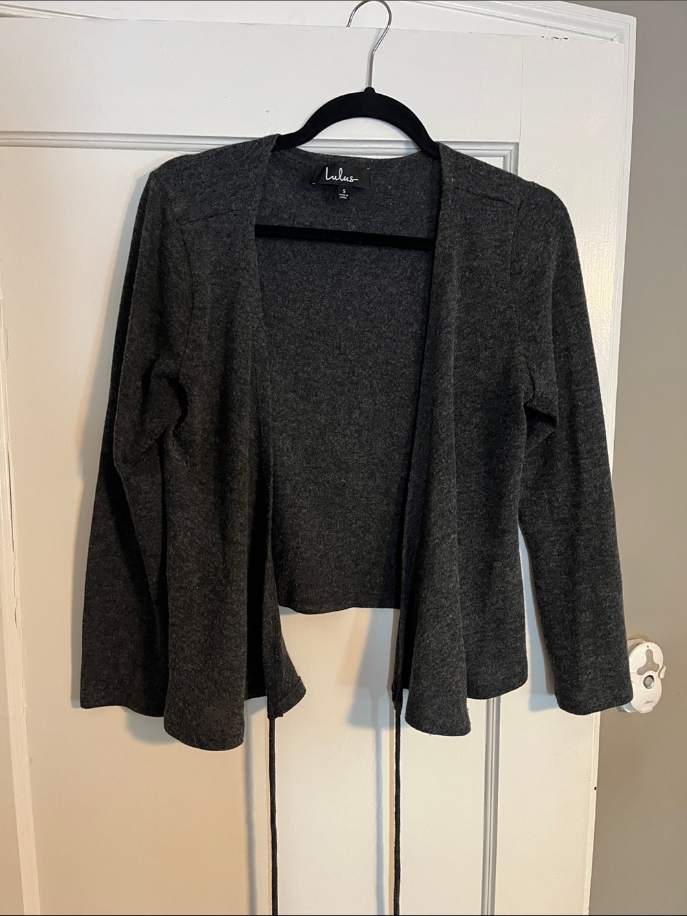 Lulu's Charcoal Open-Front Knit Cardigan with Tie